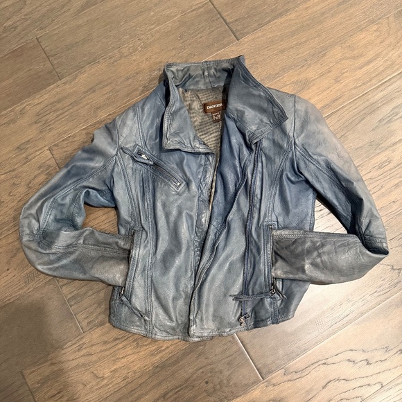 Danier Blue-Grey Genuine Leather Moto Jacket 2XS Asymmetric Zip, High Collar - Picture 14 of 16